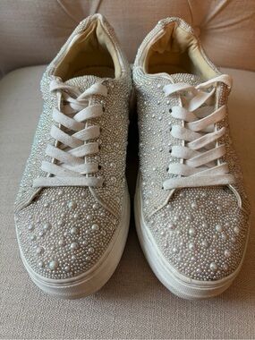 Betsey Johnson Pearl & Rhinestone Embellished Cream Sneakers